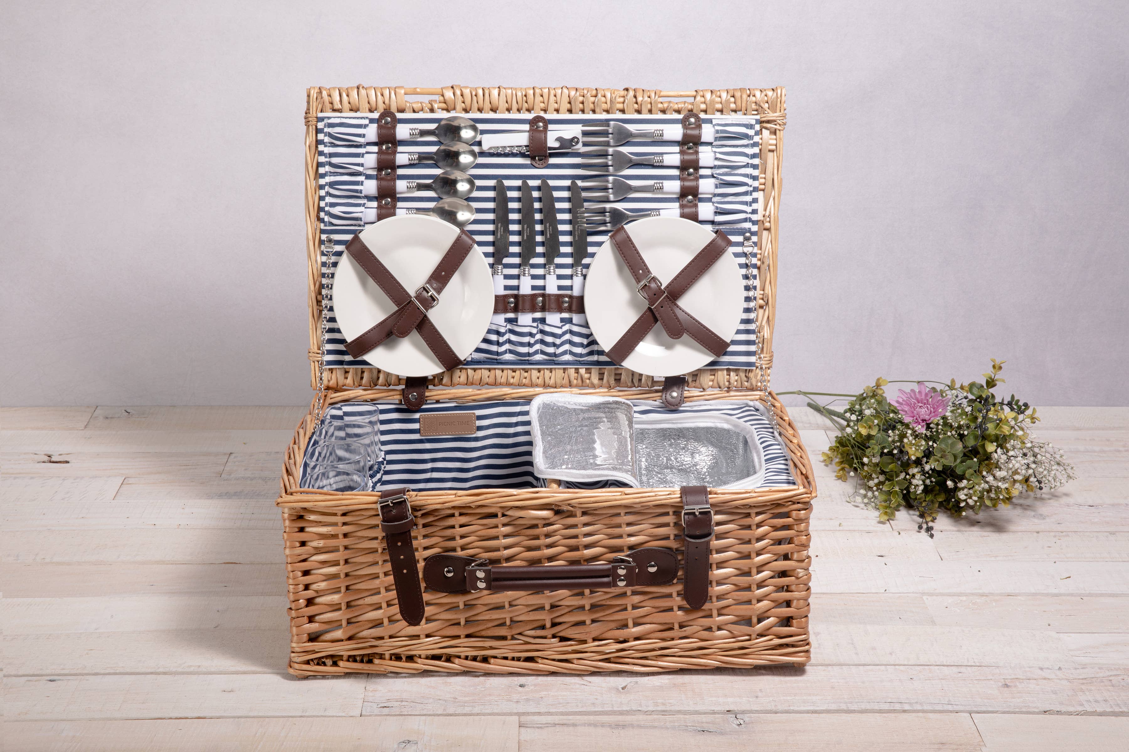 Belmont Picnic Basket, (Navy Blue & White Stripe) - Image 10