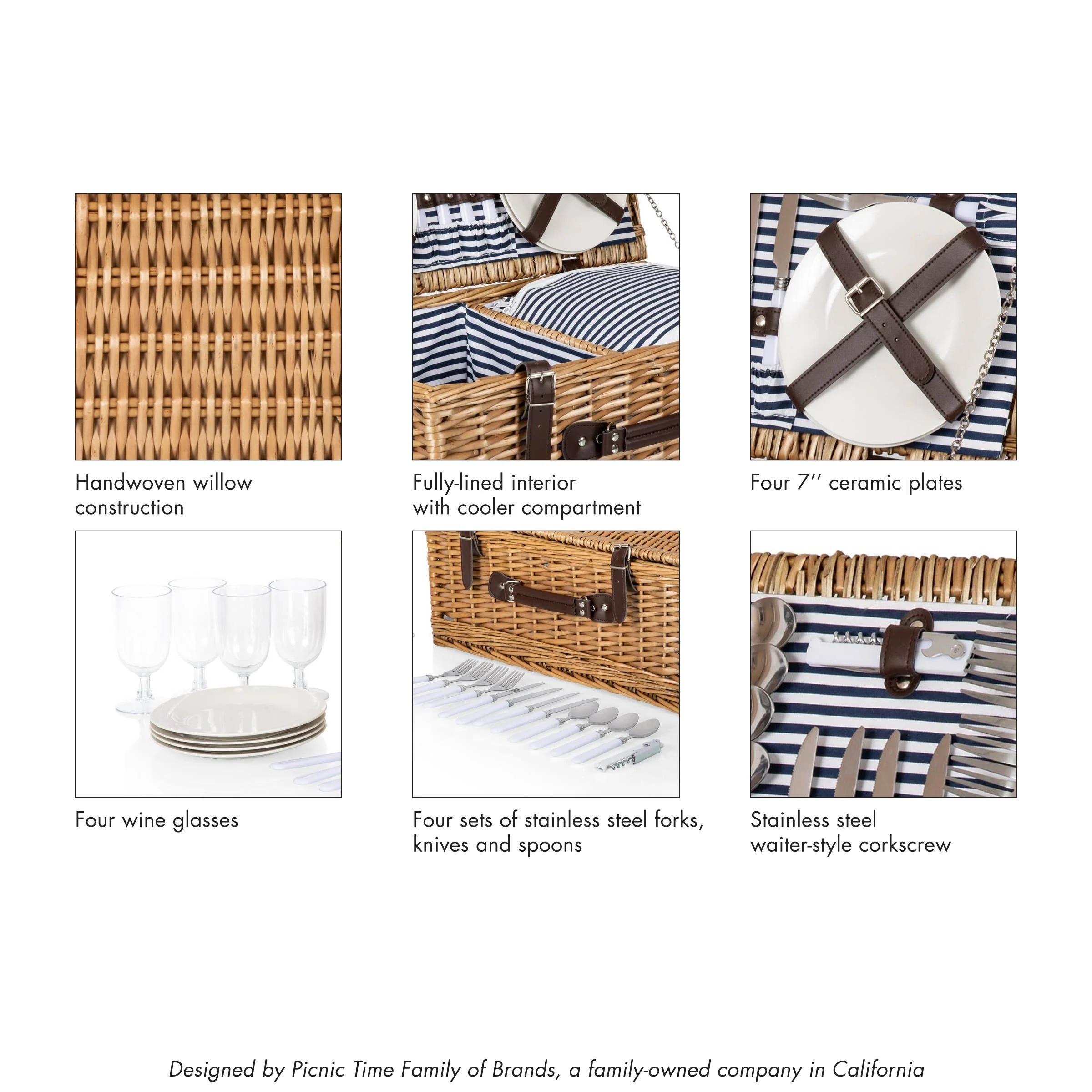 Belmont Picnic Basket, (Navy Blue & White Stripe) - Image 4