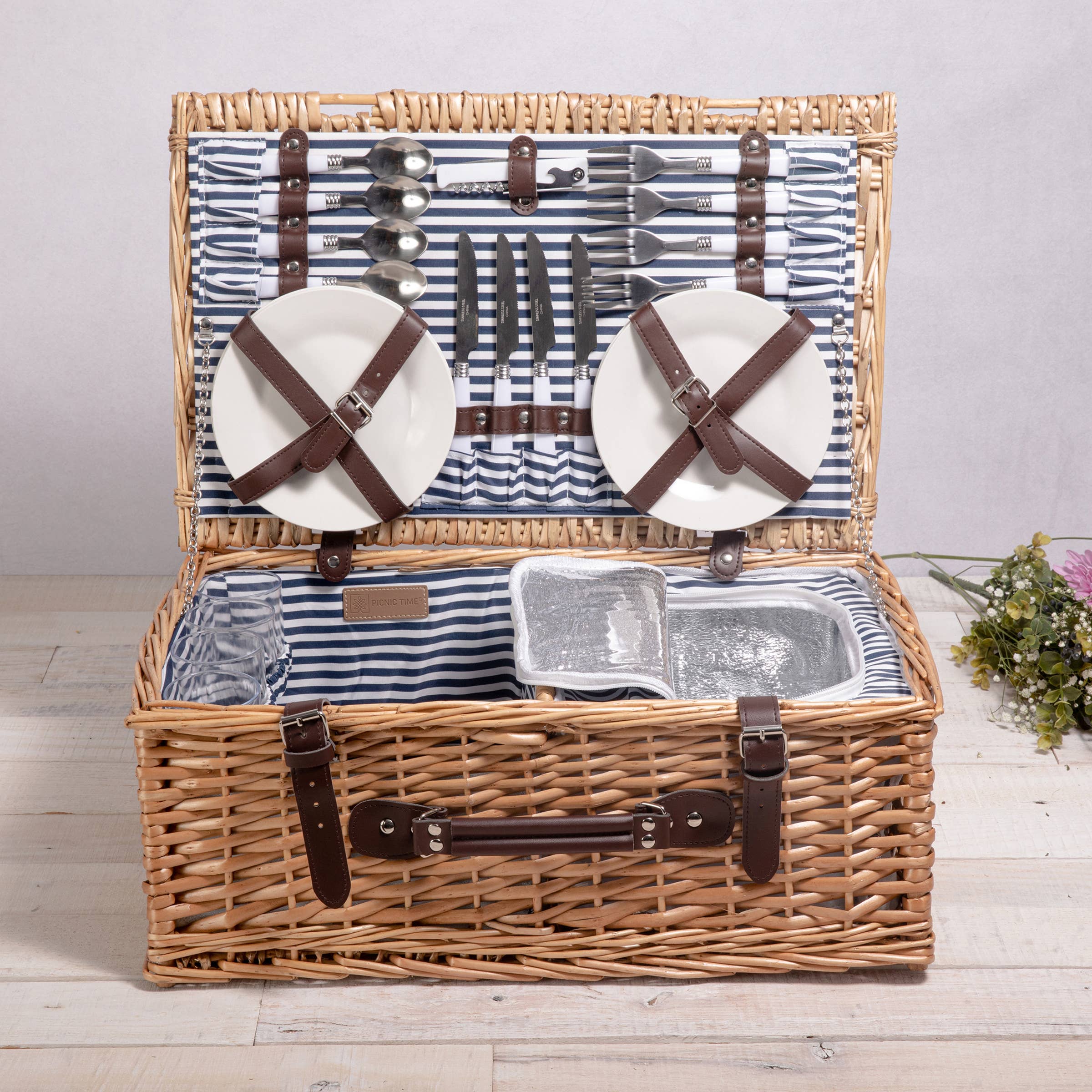 Belmont Picnic Basket, (Navy Blue & White Stripe) - Image 9