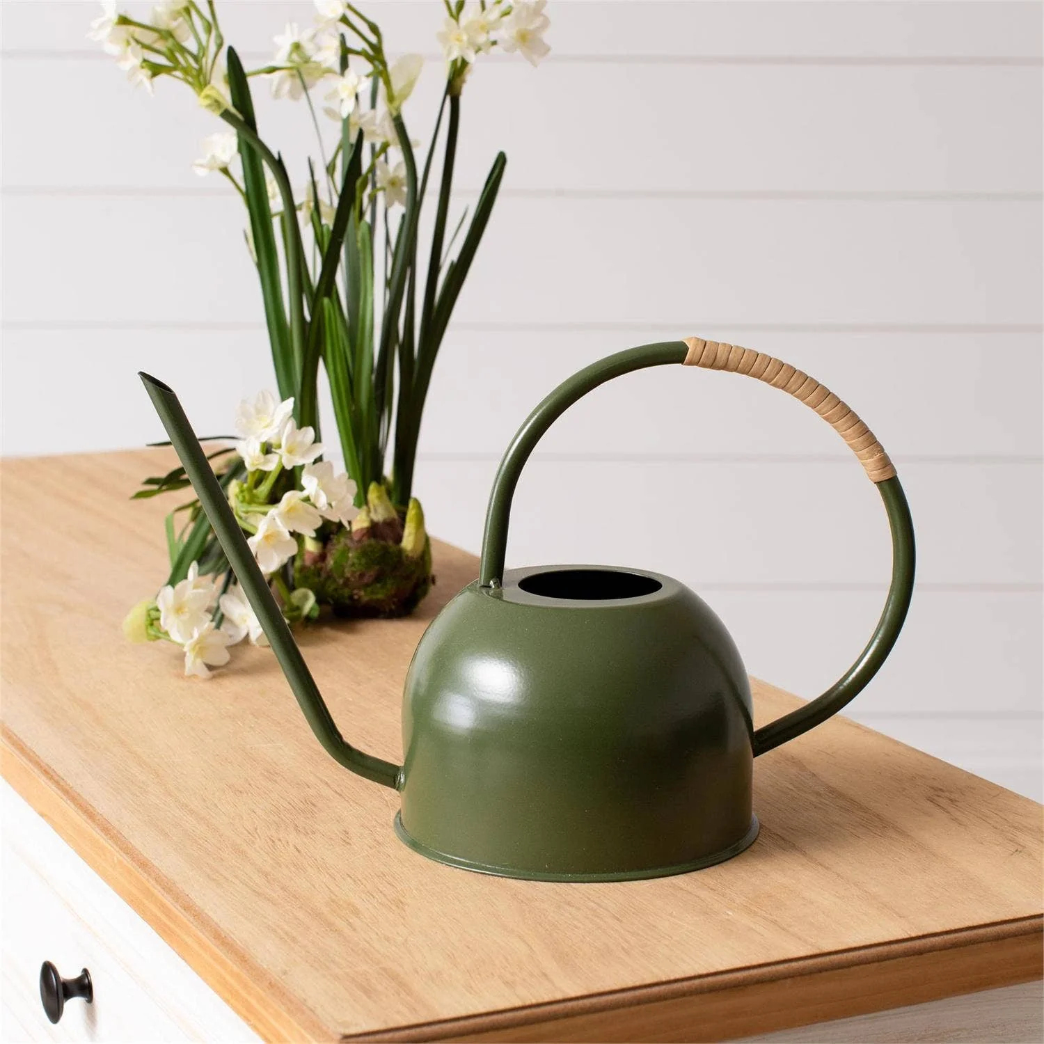 Green Enamel With Rattan Watering Can - Image 3
