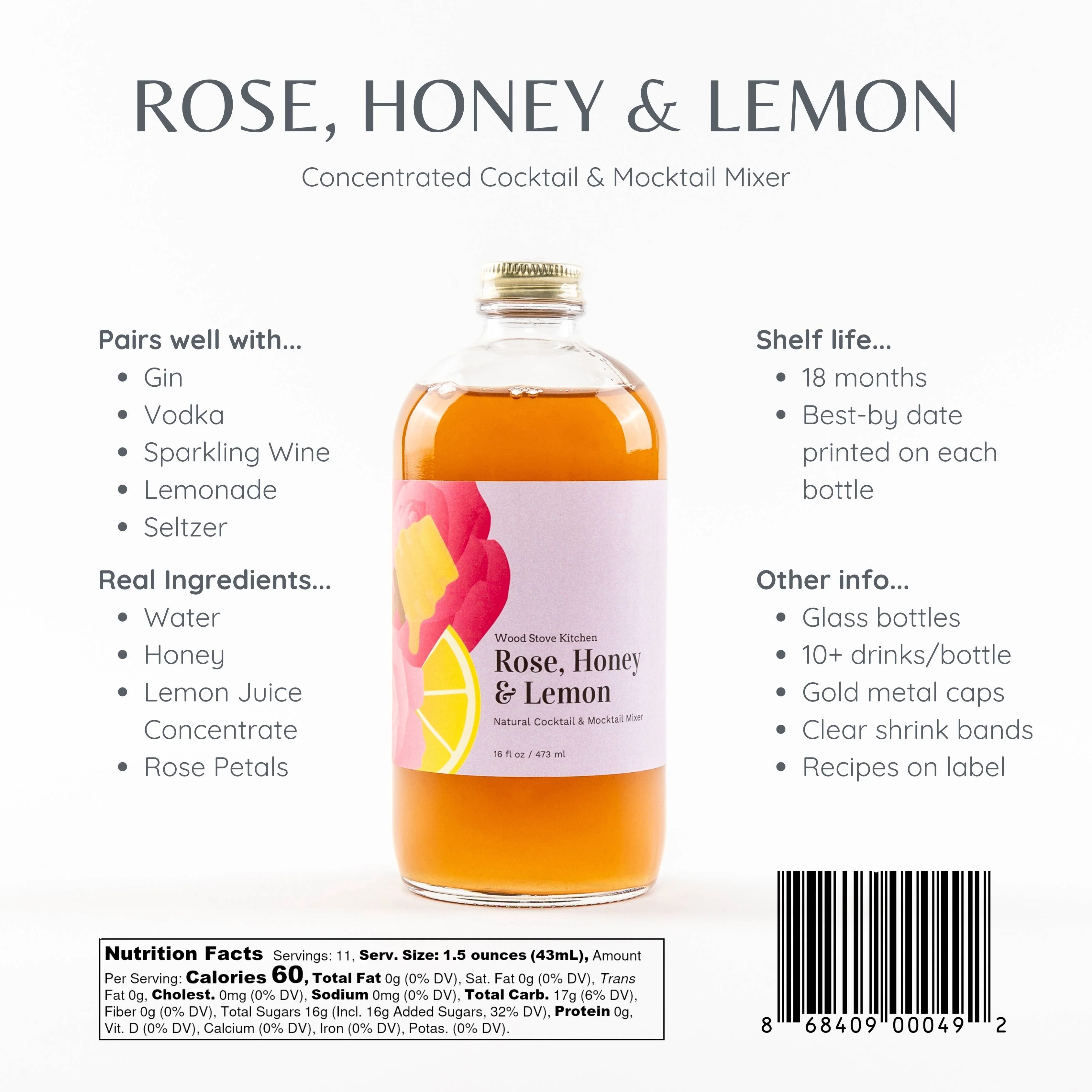 Rose Honey Lemon Cocktail Mixer and Mocktail Mixer, 16 fl oz - Image 3