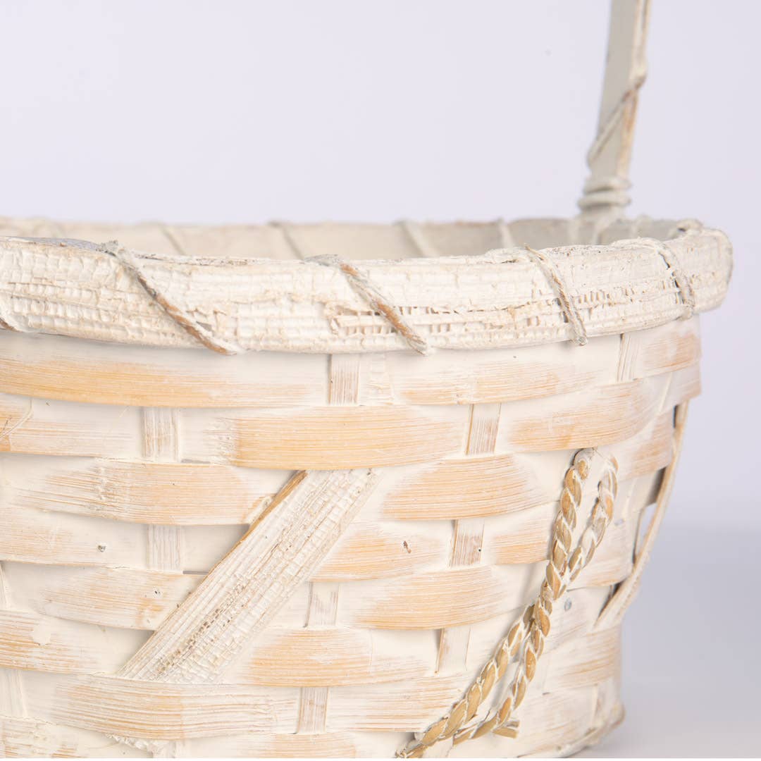 Round White Bamboo Basket w/ Over Handle - Image 4