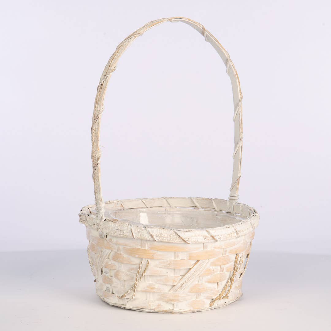 Round White Bamboo Basket w/ Over Handle - Image 5