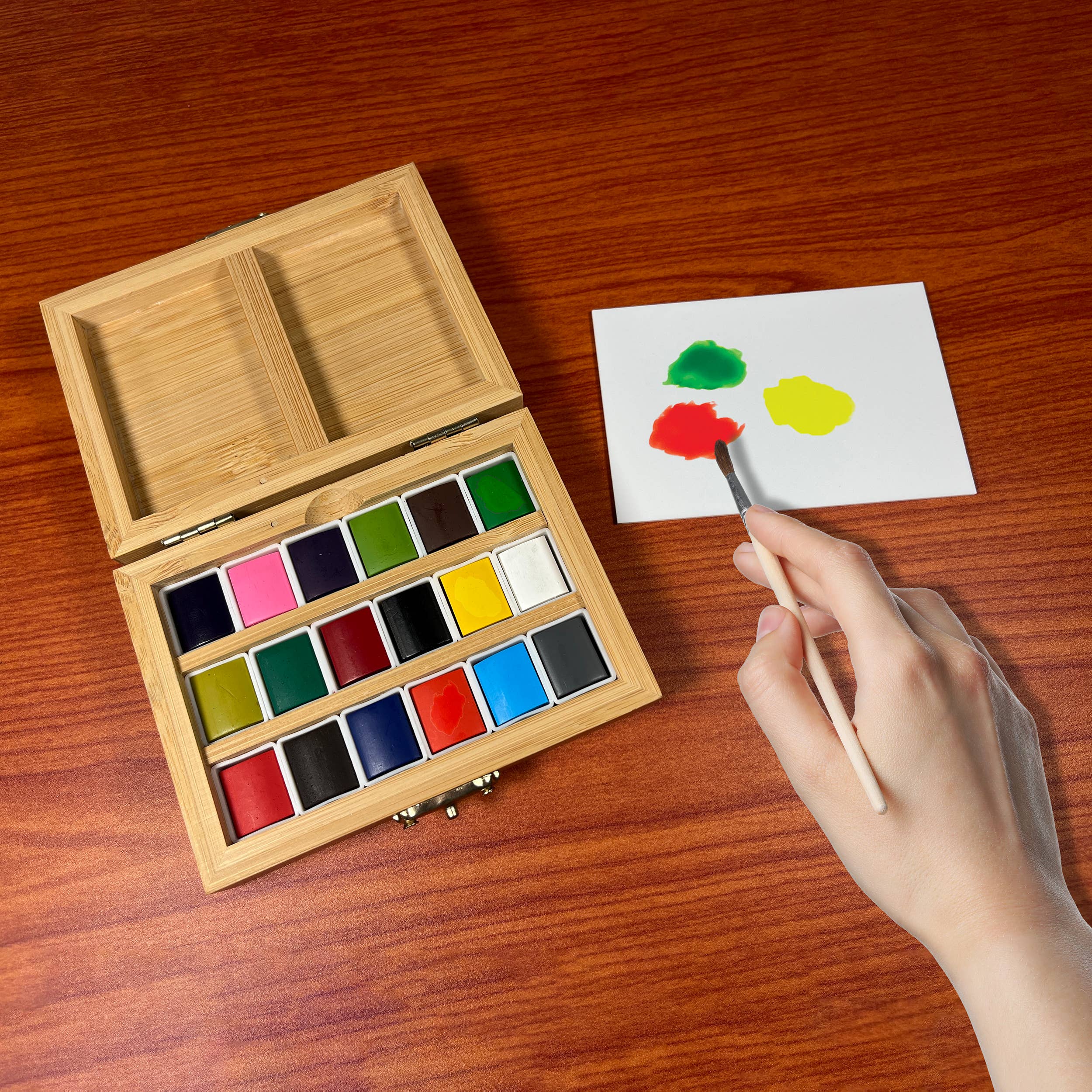 Watercolor Set - Eco-Friendly Bamboo Box - 18 Colors - Image 3
