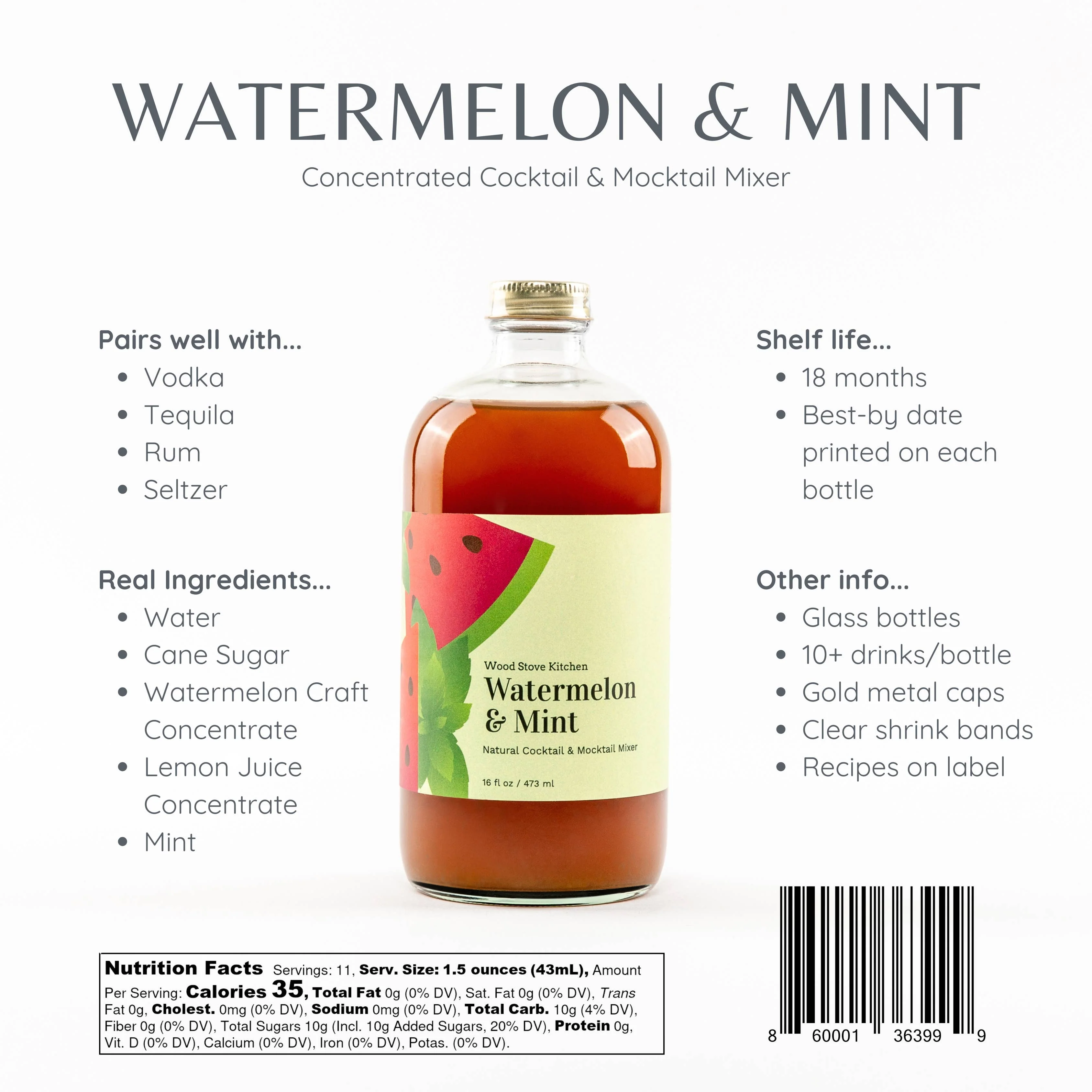 Watermelon & Mint Cocktail Mixer & Mocktail Mixer, 16 fl oz - Image 2